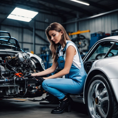 Fachwerkstatt Mechnikerin an einem Porsche (AI Designed)